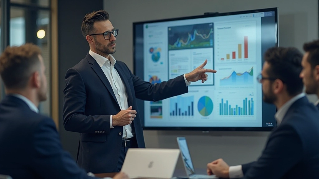 Business consultant presenting digital transformation roadmap to corporate innovation team in modern boardroom