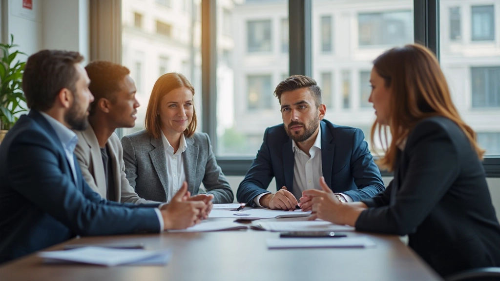 Professional team discussing investment strategy and financial planning around a conference table