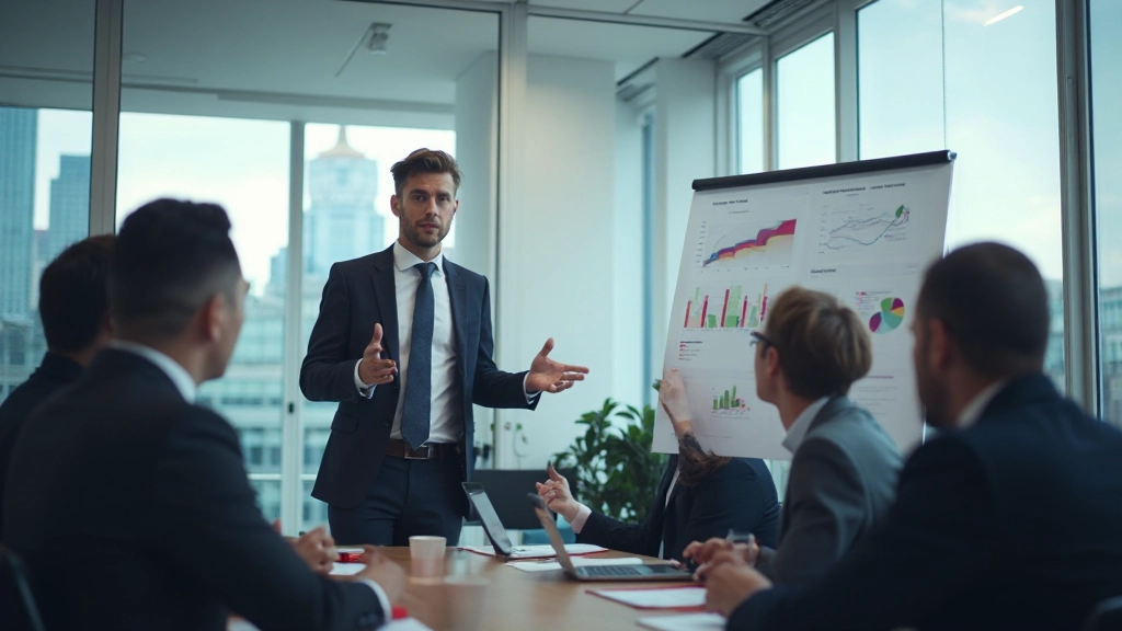 Venture capital pitch meeting and investor presentation in professional financial office