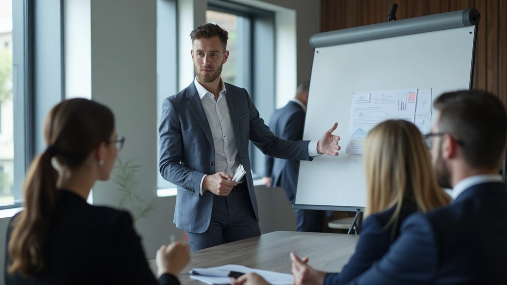Founder presenting business plan and market analysis to a group of potential investors