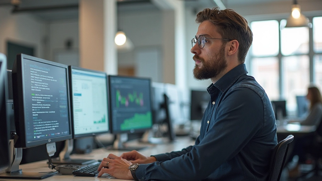 Startup founder conducting market research and competitive analysis in collaborative workspace environment