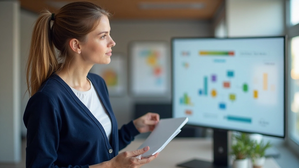 Startup founder reviewing organizational structure and team hierarchy chart on digital whiteboard